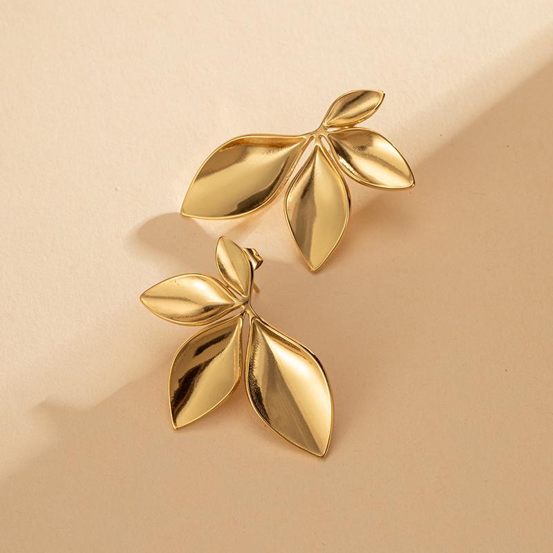 Fashion Stainless Steel Leaves Flower Stud Earrings Bright Anti Allergy Waterproof Charm Texture Jewelry