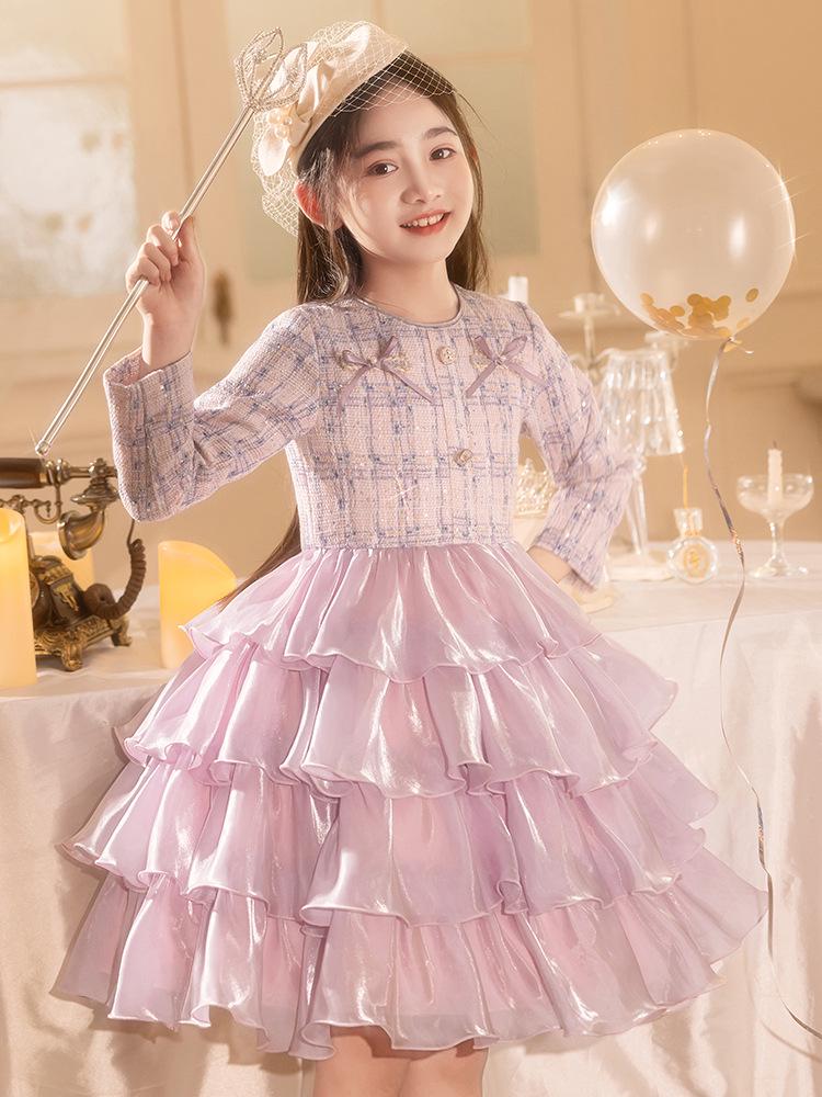 Girls' Princess Puff Sleeve Dress - Elegant Autumn/Winter Birthday & Evening Wear