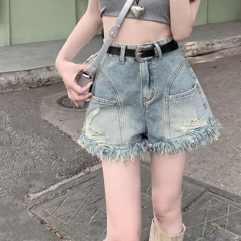 Vintage High Waisted Ripped Frayed Denim Shorts for Women Summer A Line Distressed American Retro Style
