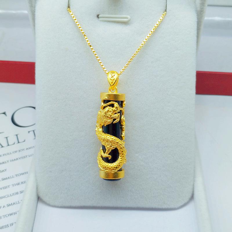 Gilded Brass Dragon Pillar Pendant with Imitation Gold Chalcedony and White Jade Necklace