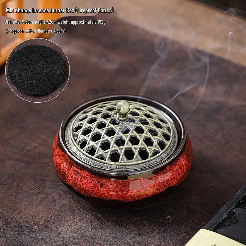Ceramic Sandalwood Incense Holder with Net Lid and Crackle Glaze, for Coil and Stick Incense, Three-Legged Buddhist Home Use.