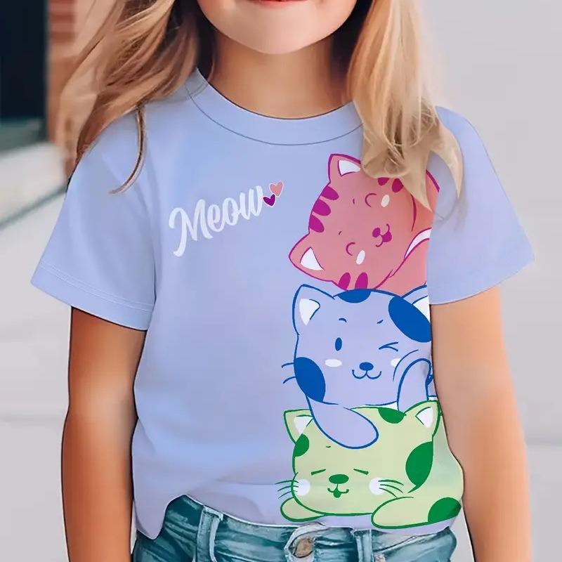 Tricou de vară cu mânecă scurtă pentru copii, fete, gât rotund, nou, cu imprimeu pisică, la modă, casual, versatil, topuri