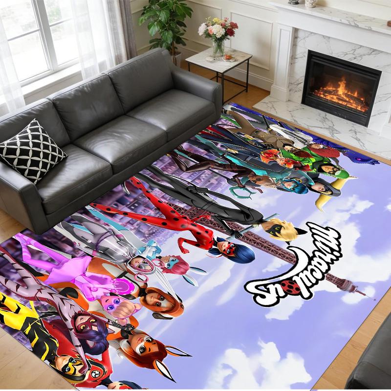 Rutschfester Kristall-Samt-Teppich, Teppich mit Miraculous Ladybug Design für Innenbereich Wohnzimmer Schlafzimmer Heimdekoration