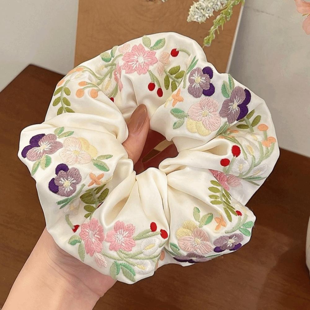 French Style Embroidery Hair Scrunchies Satin Hair Ropes Retro Floral Scrunchies  Rubber Bands