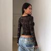 Black Crochet Lace Sheer Sexy Round Neck Slim Flattering Top Women Fashion Daily Basic Office Lady Casual Slim Fit Ladies Elegant Long Sleeve Top