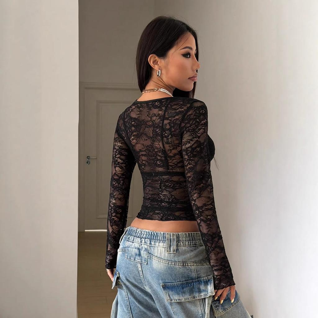 Black Crochet Lace Sheer Sexy Round Neck Slim Flattering Top Women Fashion Daily Basic Office Lady Casual Slim Fit Ladies Elegant Long Sleeve Top
