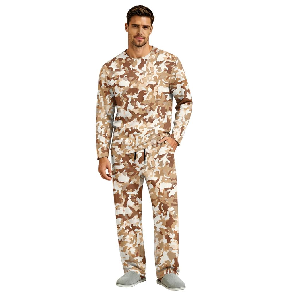 Men's Long Sleeve Pajama Set with Button Crotch and Elastic Drawstring Waist Pants for Home Loungewear