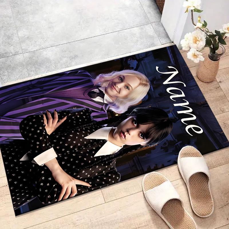 Custom Addams Family Wednesday Mat Personalized Name, Polyester Washable Indoor Entryway Rug, Gift for Christmas, Easter, Thanksgiving Day