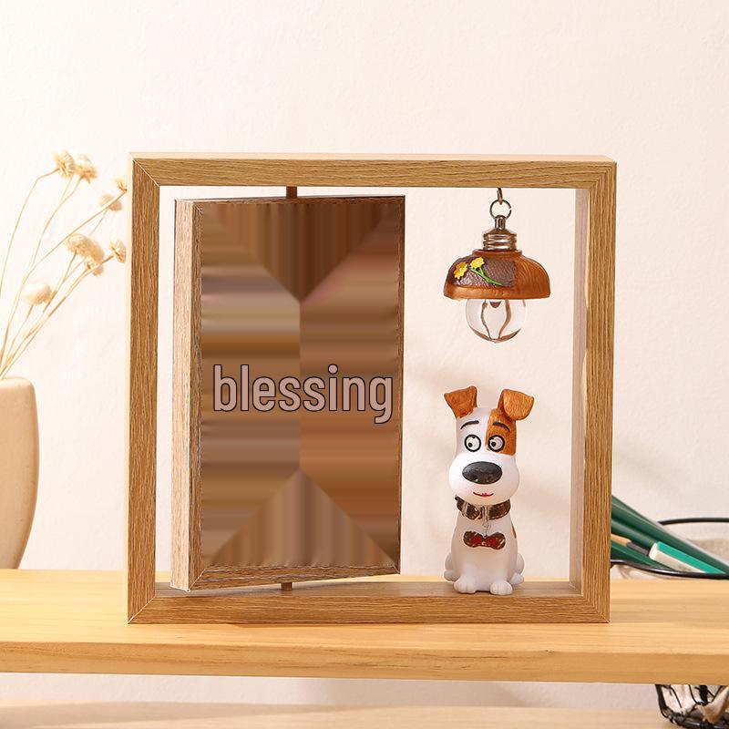 6-Inch Modern Double-Sided Rotating Wooden Photo Frame & Album with Wood Carving Ornament