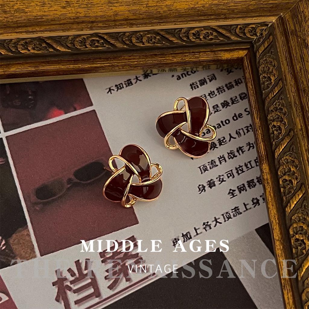Boucles d'oreilles pendantes vintage en émail rouge bordeaux - Clous de style rétro français