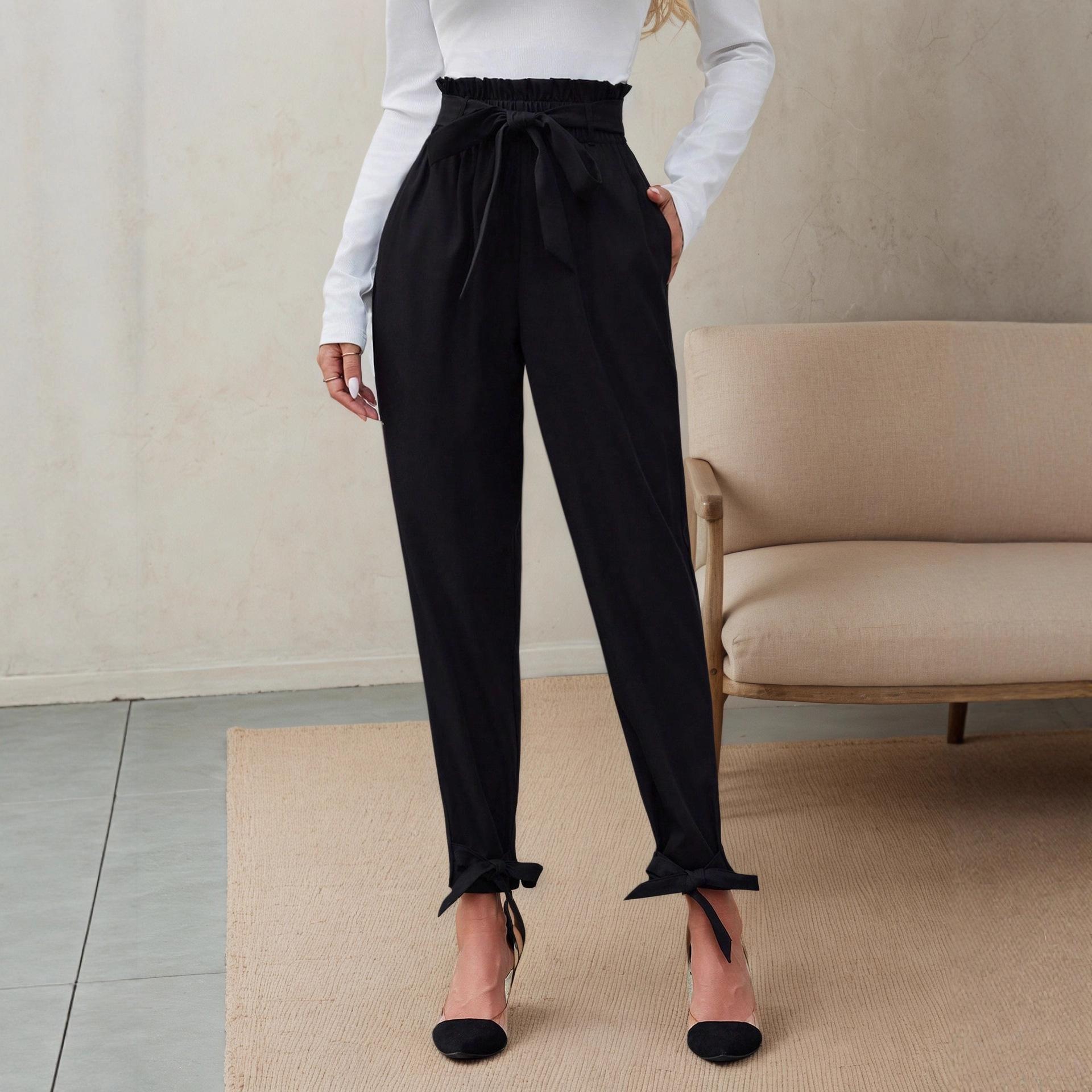 Fashion Independent Station WISH Hot Sale Belt Pocket High Waist Adjustable Lace-up Bow Personality Pants S