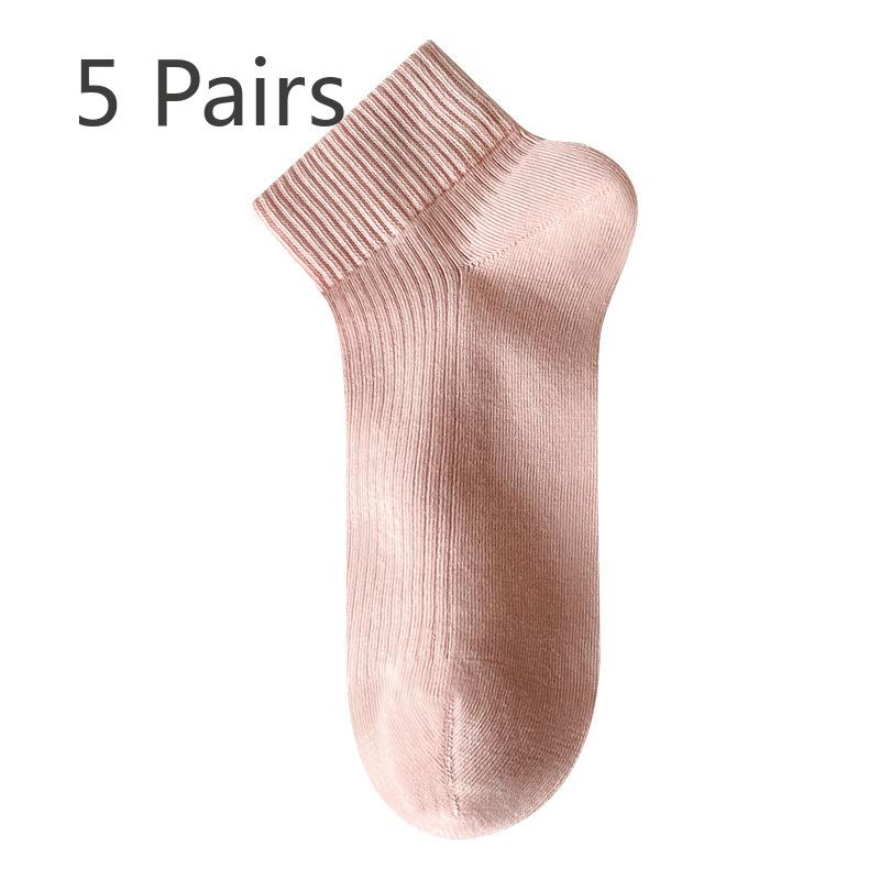 5 Pairs of Women's Spring and Summer Thin Breathable White Boneless Antibacterial and Deodorant Short Tube Cotton Socks
