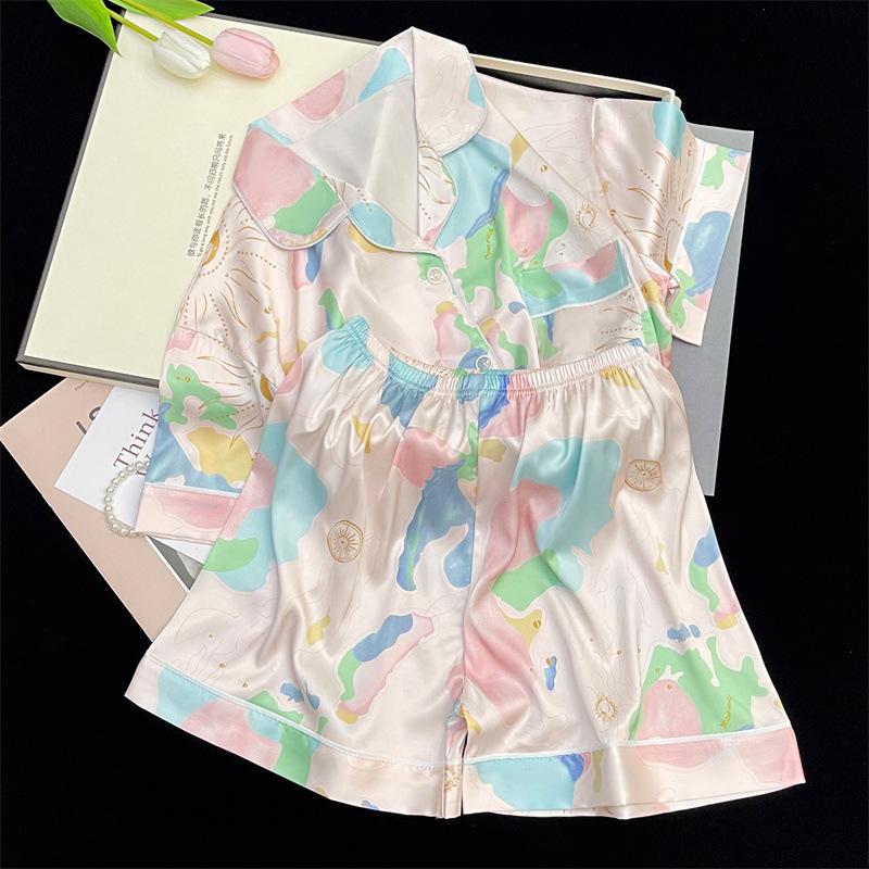Colorful Cartoon Pattern Summer Loose Popular Simulation Silk Cool Short-Sleeved Shorts Loungewear Set