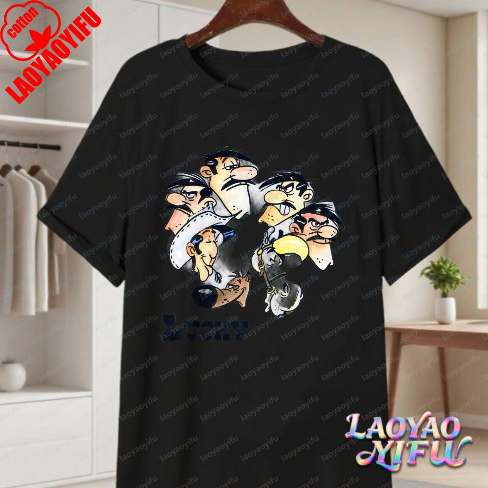 Lucky Luke Vollbesetzung Druck Lässige Oberteile Verspieltes West-Cartoon Baumwoll-T-Shirt Lustiges Vintage Klassisches Anime-Shirt Trend Unisex Kleidung