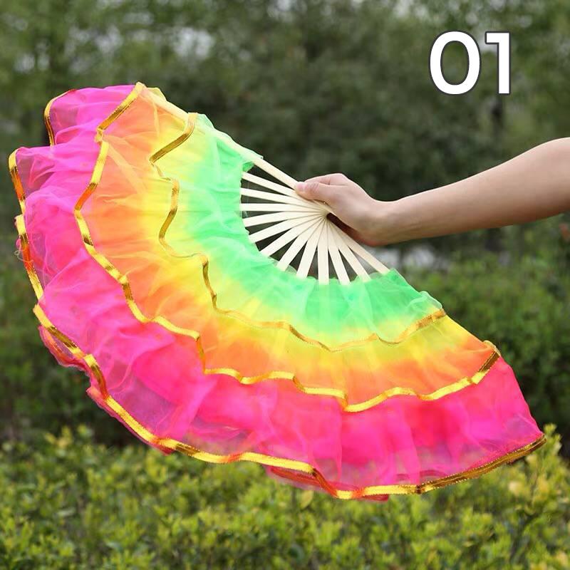 Éventail pliant coloré en soie teinte pour danseuse, éventails en soie imitation pour la pratique, style chinois fait main, accessoires de performance de danse Yangko