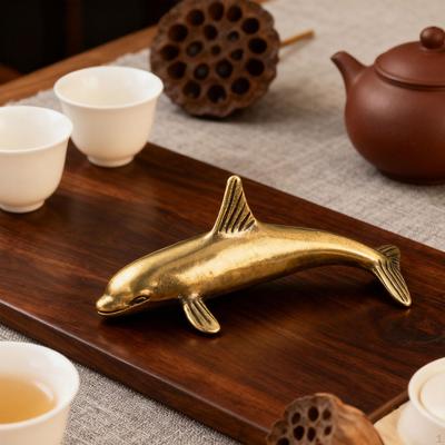 Brass Dolphin Sculpture Home Decor Collections Creative Portable Copper Sea Animal Figurine Mini for