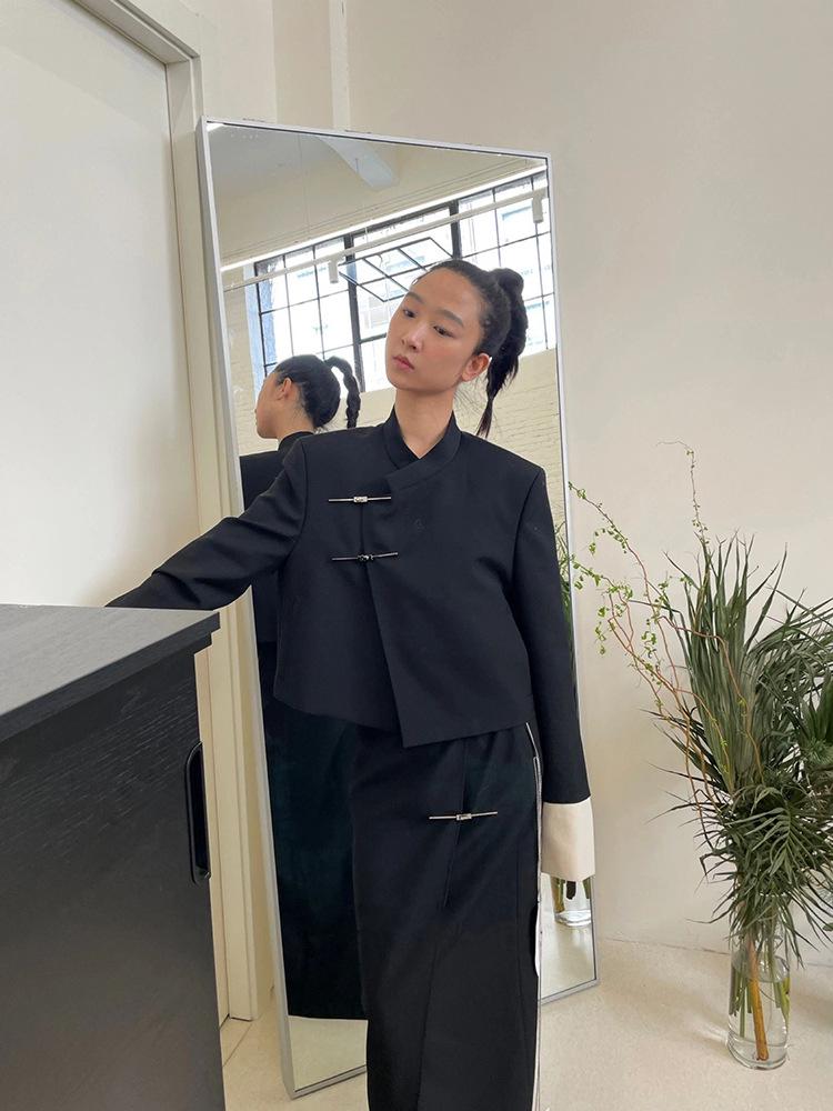 [Clearance, no refunds] New Chinese Style Wool Suit Jacket with Color-Matched Design and Buttoned Skirt