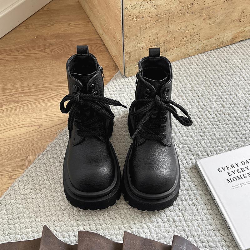 

White retro British style thick heel thick-soled Martin boots women s 2025 new spring and autumn height-increasing and thin short boots 40 чёрный