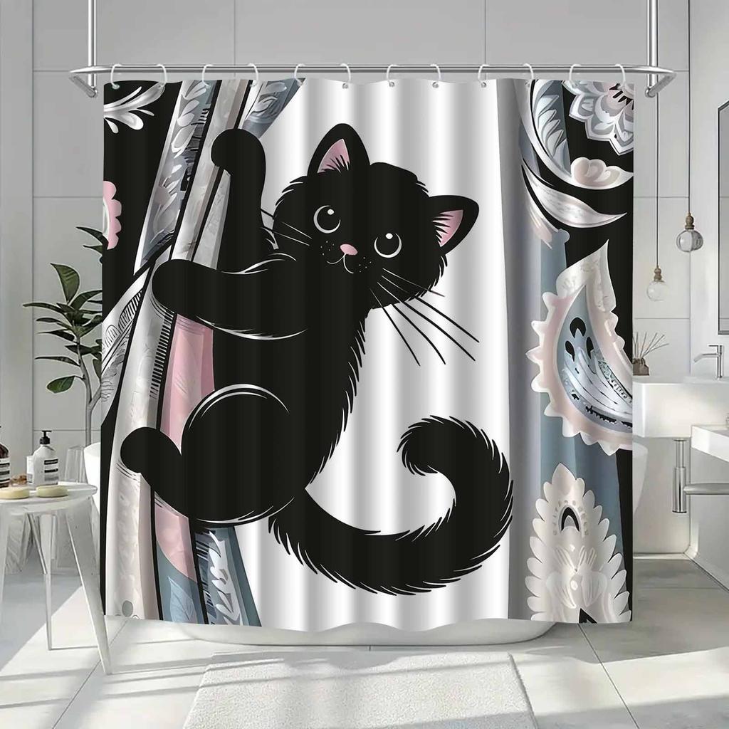 VIKAMA Cartoon Black Cat Climbing Shower Curtain Modern Minimalist Bathroom Fresh, Cozy, and Adorable Pet Vibes Machine Washable
