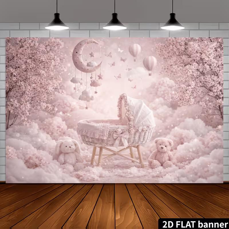 2D Beige Teddy Bear Moon Backdrop with Stars & Clouds Baby Shower Photography Background