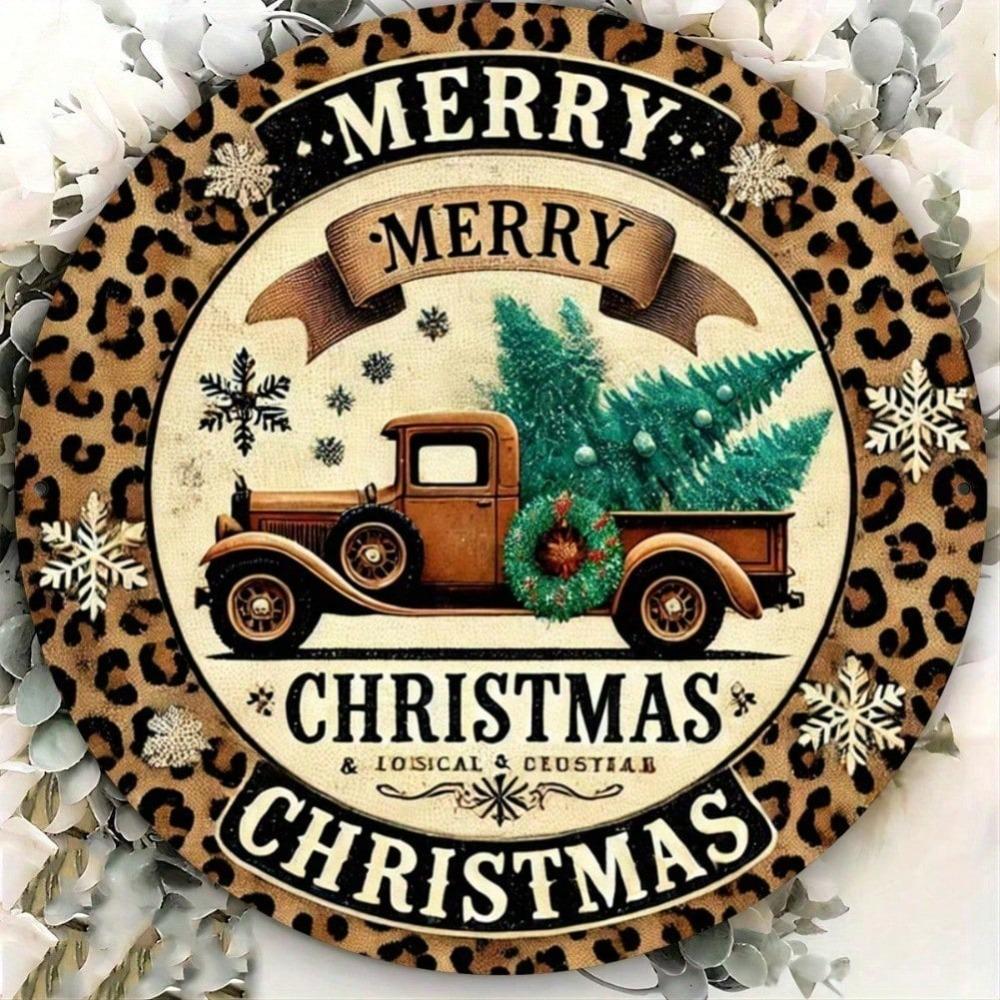 Landhausstil Runde Metallblechschild 8x8 Zoll Weihnachts-Kranz Leopard LKW Wand Tür Haus Bar Dekor