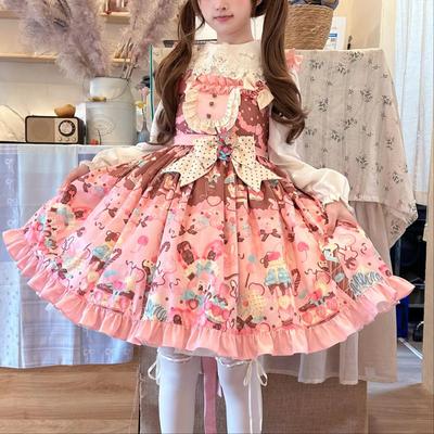 VestidoLolita JSK de Niña para Fiesta de Té Estampado de Dibujos Animados Dulce Diario con Volantes Cintura Alta Vestido Lolita para Mujer Vestido de Verano