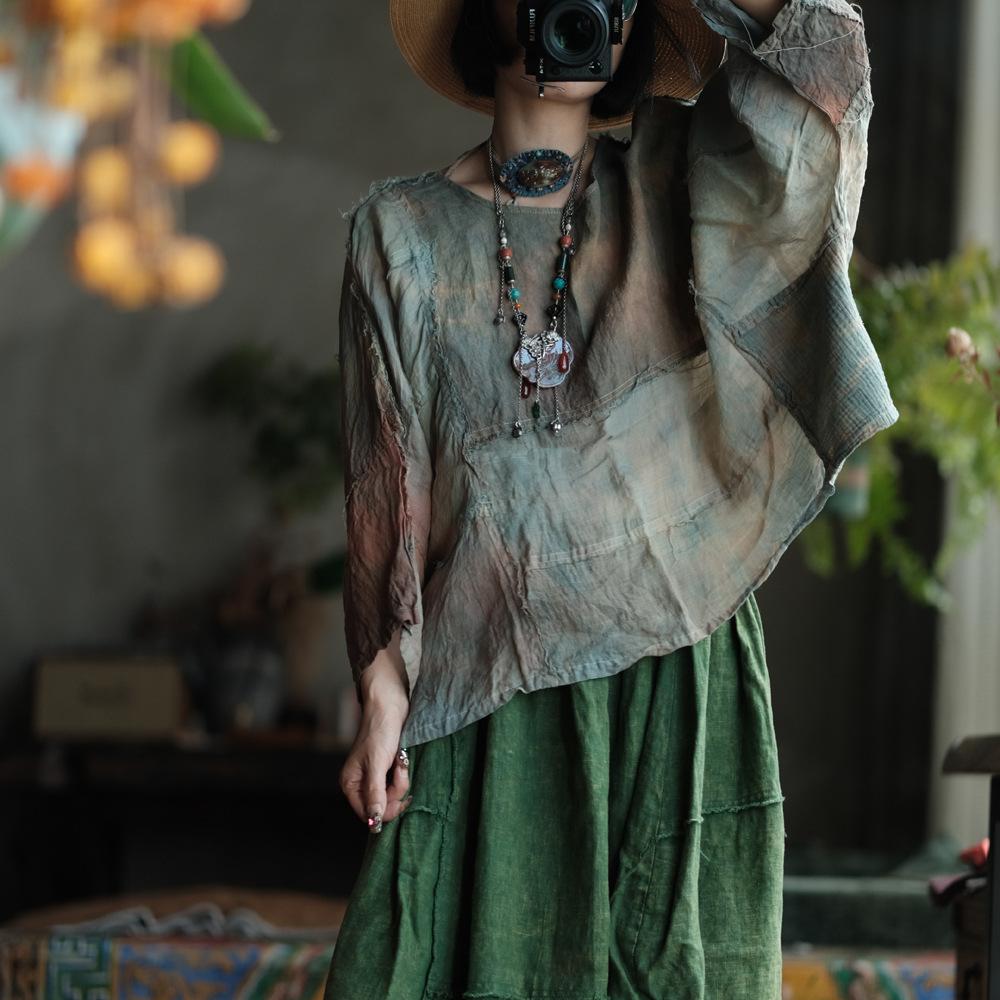 Johnature Women Vintage Patchwork Color Tie-dye T-Shirts O-Neck Long Sleeve Autumn Linen Loose Female T-Shirts