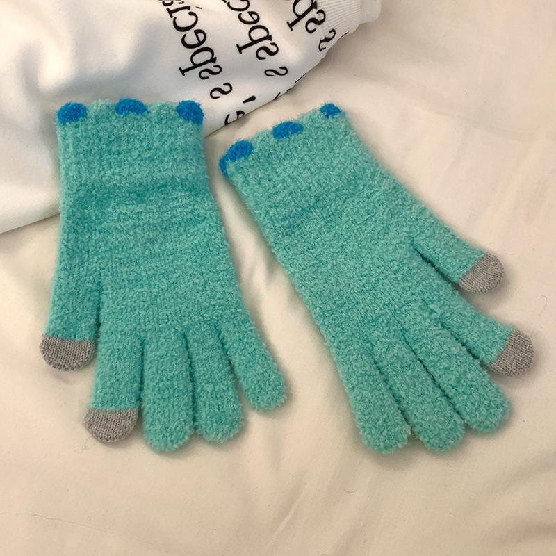Warm Gloves Women's Candy Color Small Jelly Beans Coral Fleece Knitted Cute Wool Cold-proof Thickened Touch Screen Autumn and Winter