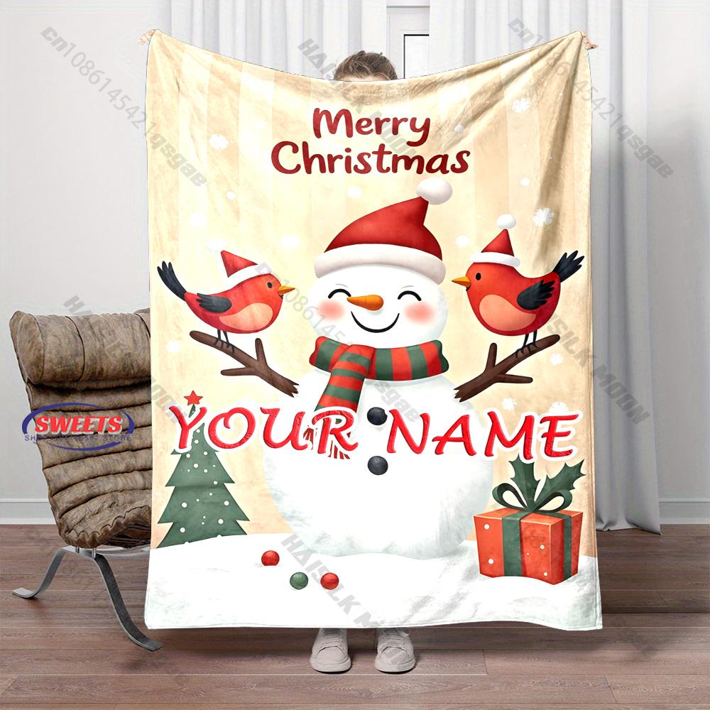 Custom Name Christmas Snowman Cardinal Bird Blanket Flannel Throw S Xmas Gift Soft Skin-Friendly Blanket,all Seasons Blanket
