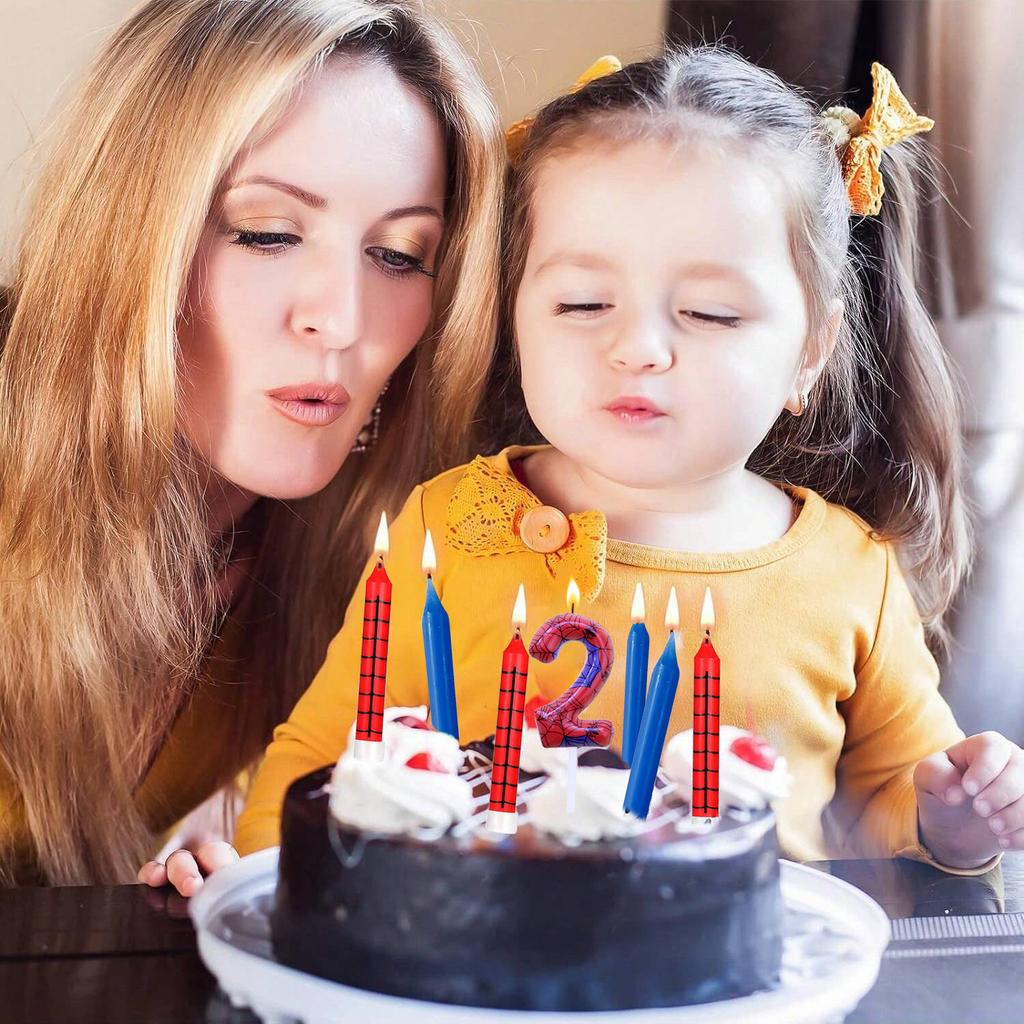 7pcs Red Blue Spider 8th Birthday Number Candles, Number 0-9 Candle Cake Topper Decorations for Spider Cartoon Themed Parties