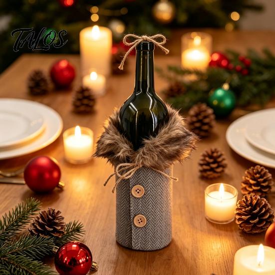 Reusable Wine Bottle Decorations Christmas Sweater Cover, Faux Fur Collar And Button Covers Coat Design Plaid Clothes for Party Decoration Holiday