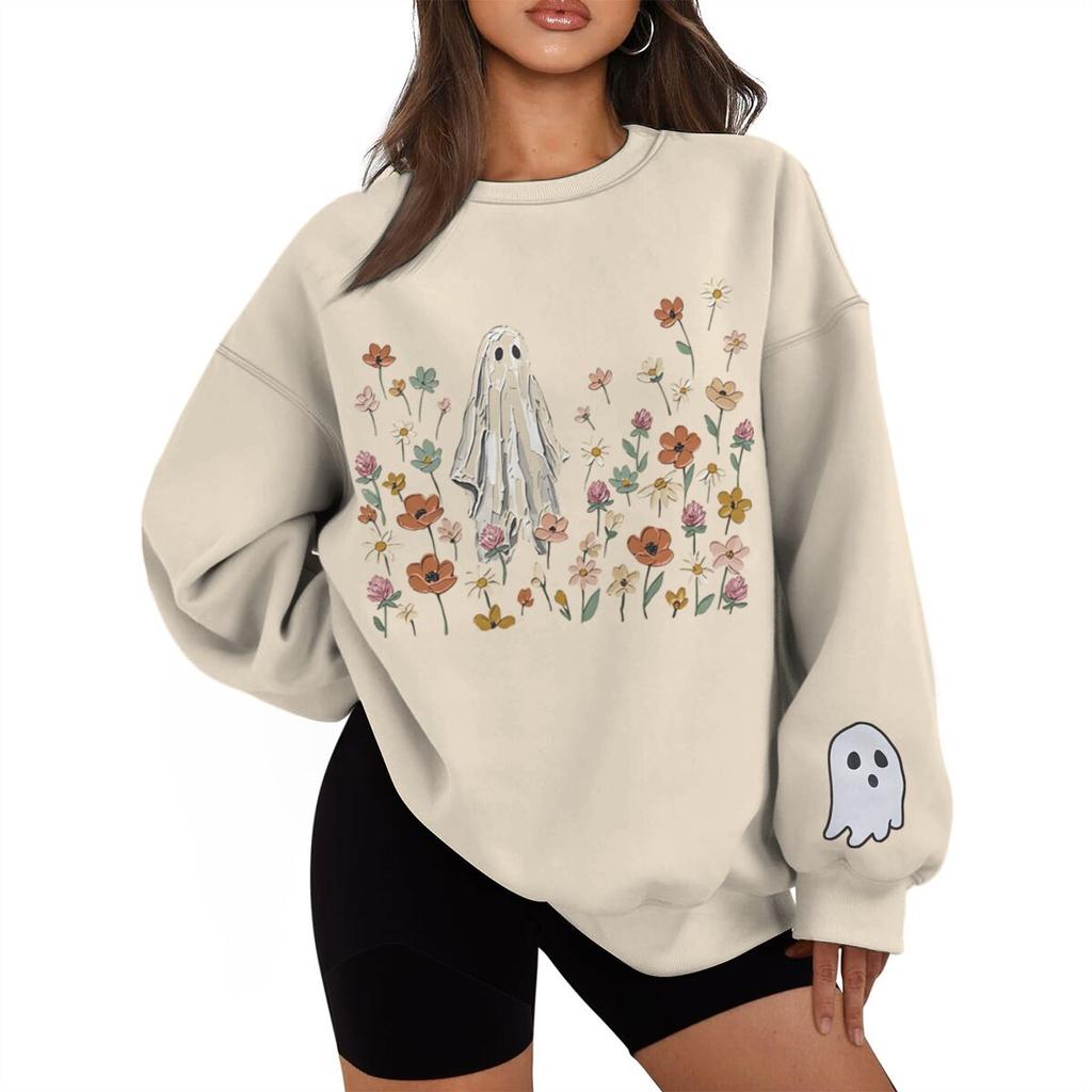 Vintage Halloween Floral Ghost Print Sweatshirt Women Men Crew Neck Long Sleeve Casual Pullover Halloween Sweatshirts Gifts