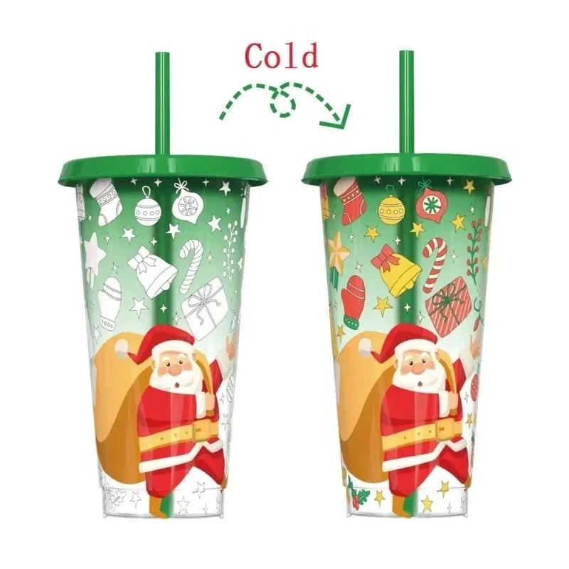 Christmas Color Changing Cup Santa Large Capacity Cold Sensitive Straw Cup Reusable Drinkware Gift for Party Kids and Adults