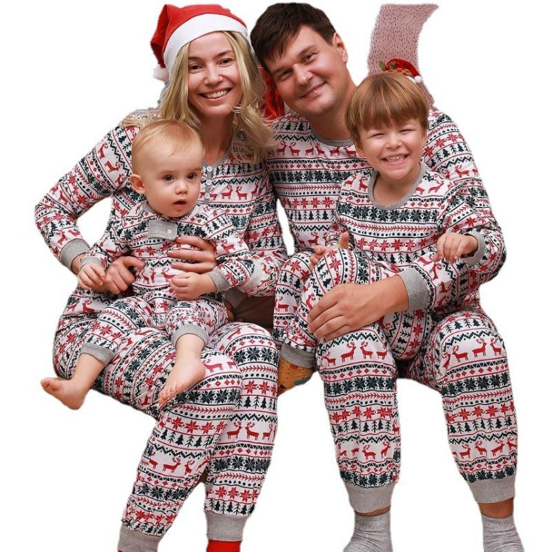 Family clothing Christmas parent-child clothing whole family clothing Spring and autumn elk printing parent-child pajamas homewear