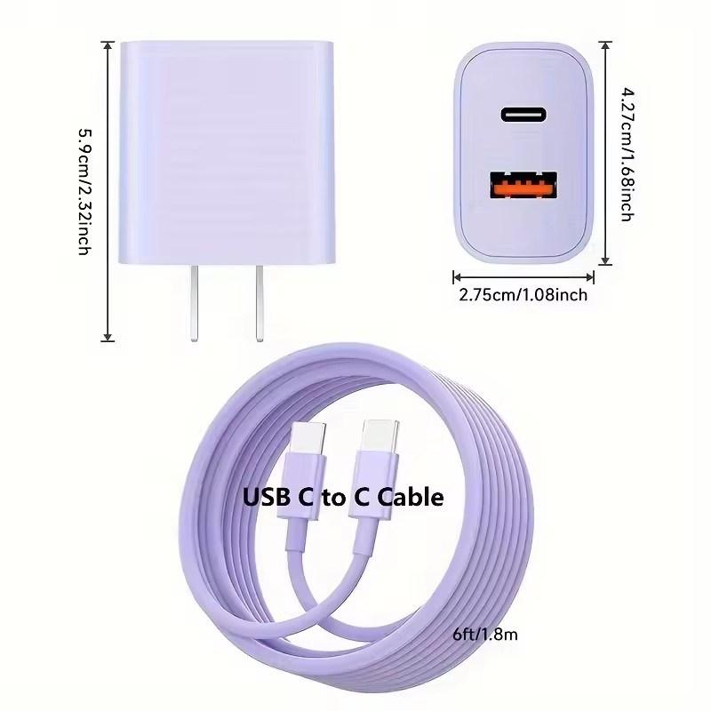 Dual Port PD 20W USB-C Wall Charger, 6-Foot Cable, Suitable for iPhone 15 Series and iPad Pro/Air/Mini - Fast Phone Charger