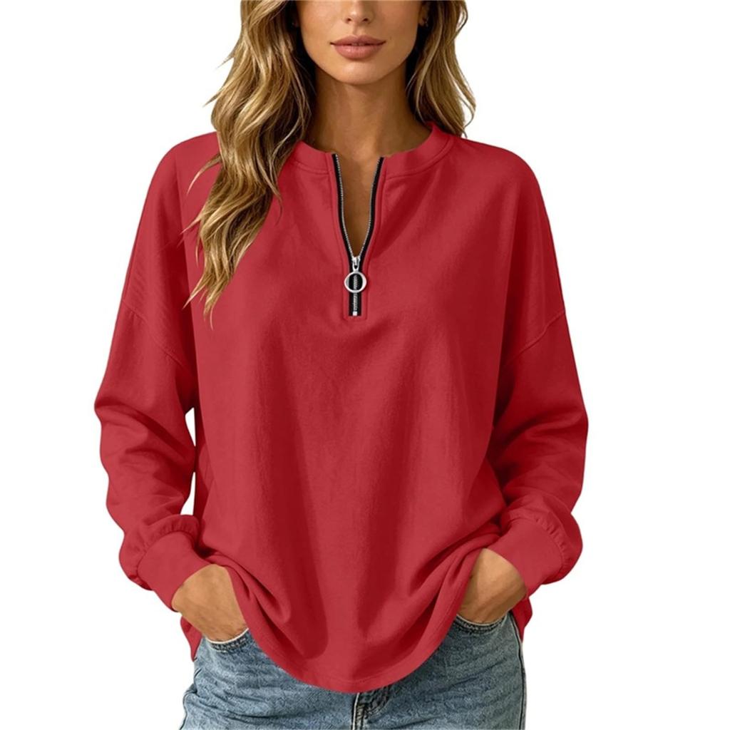 Damen Lockerer Pullover Sweatshirt Langarm Lässiges Oberteil mit halbem Reißverschluss Bequeme Alltagskleidung