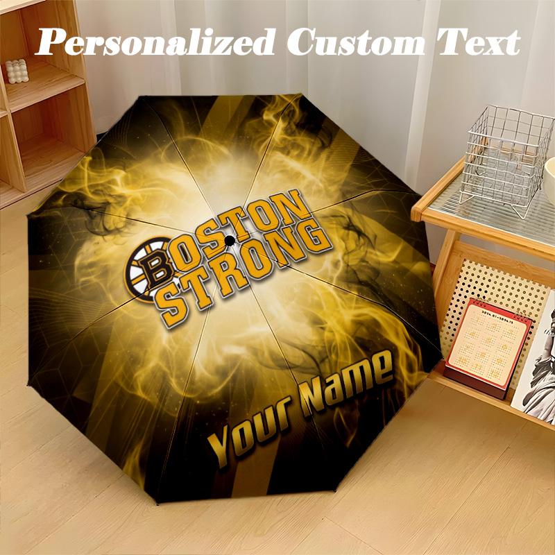Boston Bruins Automatic 8‑ribs Umbrella, Custom Name Text Personalized Folding Umbrella Rain Sun Gift