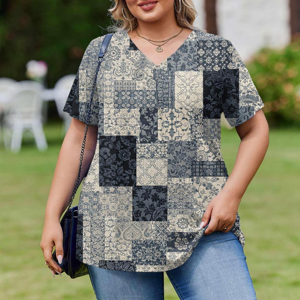 Women's Plus Size Fashionable Casual Loose-Fit Short Sleeve Elegant V Neck Blouse For Work