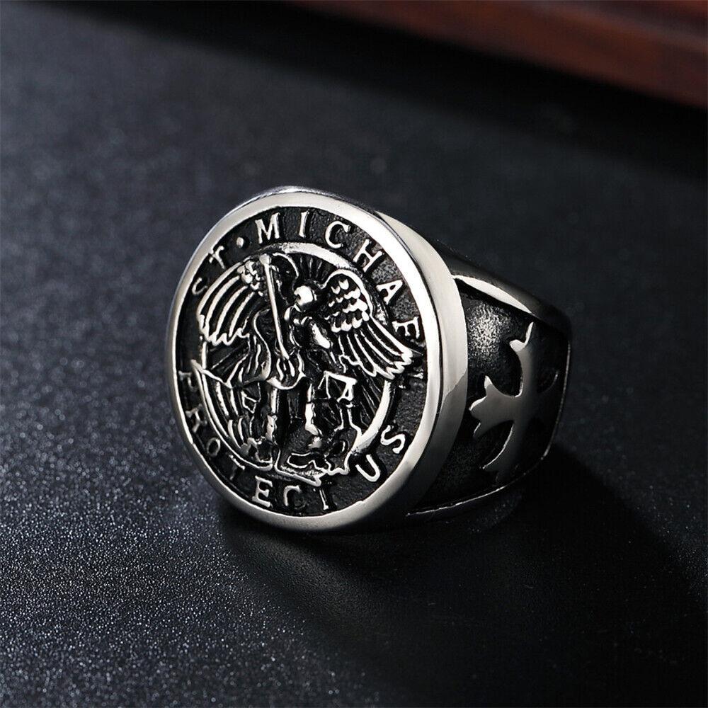 Anello Cattolico in Acciaio Inossidabile per Uomo Arcangelo San Michele Taglia 7-15