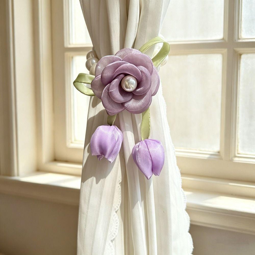 Magnetic Flowers Curtain Straps Beautifully Decorative Pearl Curtain Buckle Curtain Tie Rope Portable Sheer Curtains Tiebacks