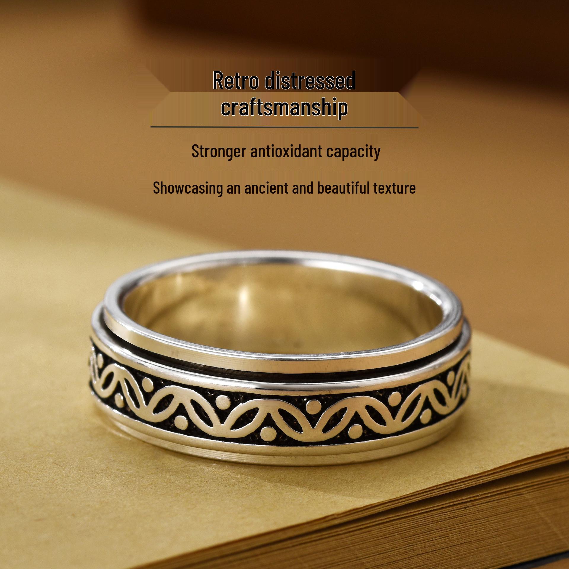 Thai Silver Rotating Leaf Ring: Pure Silver, Retro Chinese Style, Decompression Design. Size 26 (Finger Circumference ~66MM)