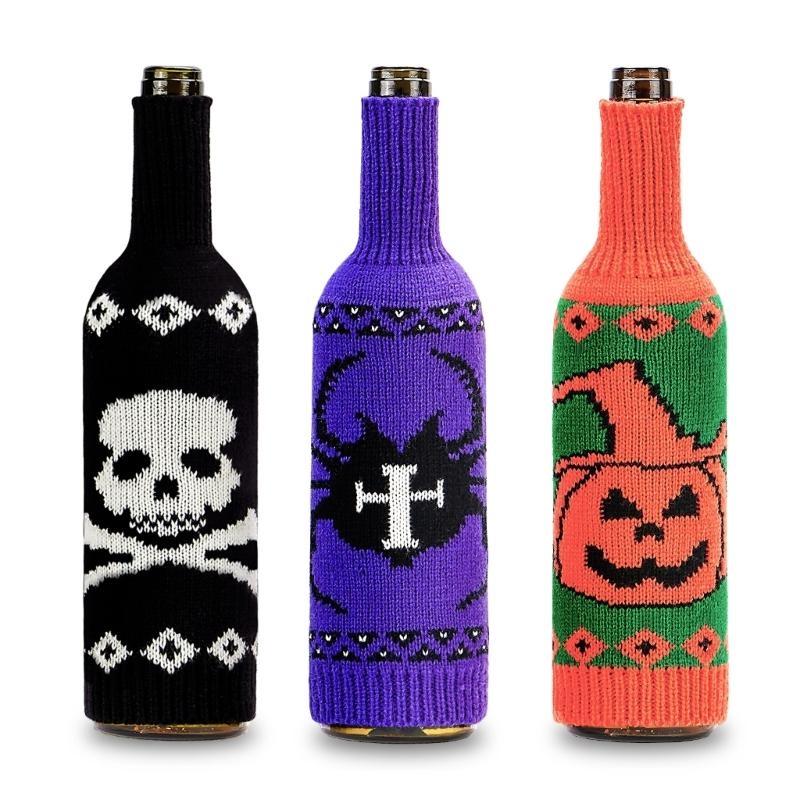 652F Halloween Wine Bottle Cover Pumpkin Skull Spiders Knitting Wine Bags Decoration