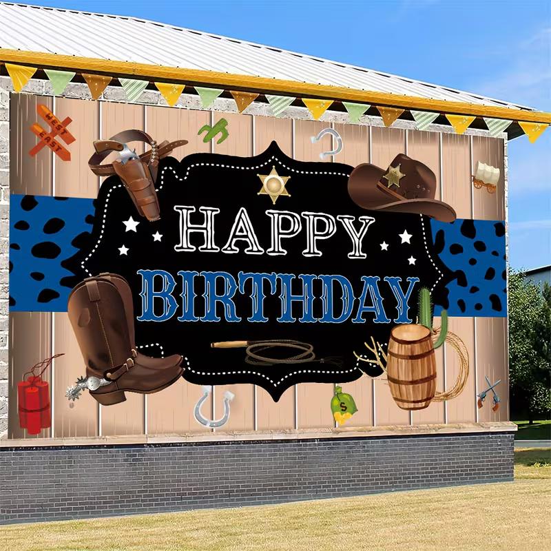 2D Rodeo Cowboy Birthday Banner, Western Wood & Cactus Backdrop, Happy Birthday Party Decor