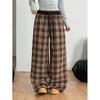 High Waist Loose Wide Leg Casual Pants Women Plaid Drawstring Trousers Daily Wear