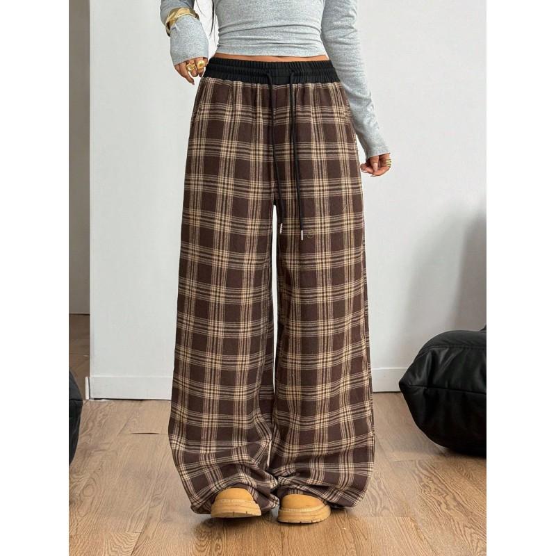 High Waist Loose Wide Leg Casual Pants Women Plaid Drawstring Trousers Daily Wear
