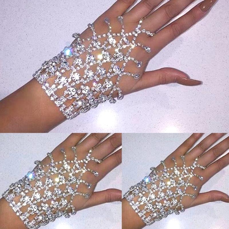 Luxury Crystal Hand Bracelet for Women Glitter Rhinestones Metal Chain for Women Fashion Elegant Hand Chain Wedding