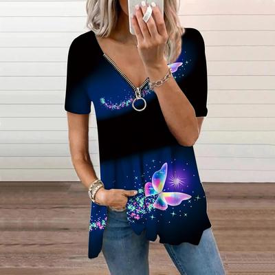 Women's Top Summer New Fashion Blue Crystal Butterfly Printed Casual Zipper V-neck Short Sleeve Top