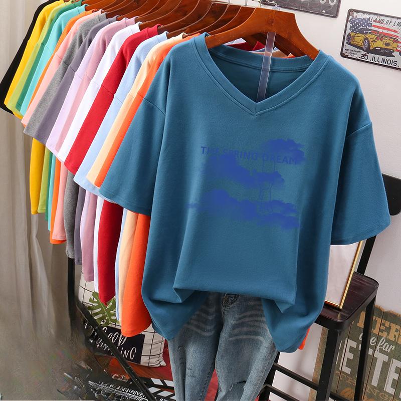 Camiseta de manga curta, Solta, Top V-neck Estampado Emagrecedor para Mulheres