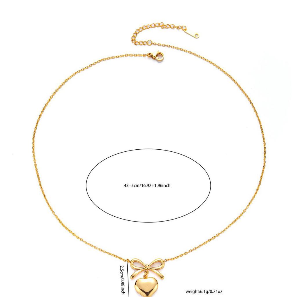 Elegant Gold Bow & Peach Heart Necklace and Earrings Set for Women - Stainless Steel Chain