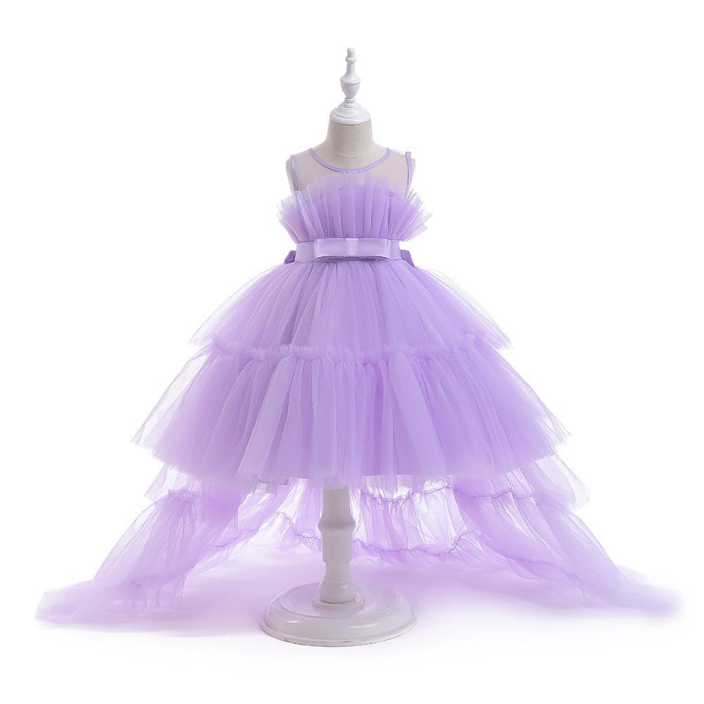 Girls' Princess Layered Puffy Train Gown for Piano Performances & Runway